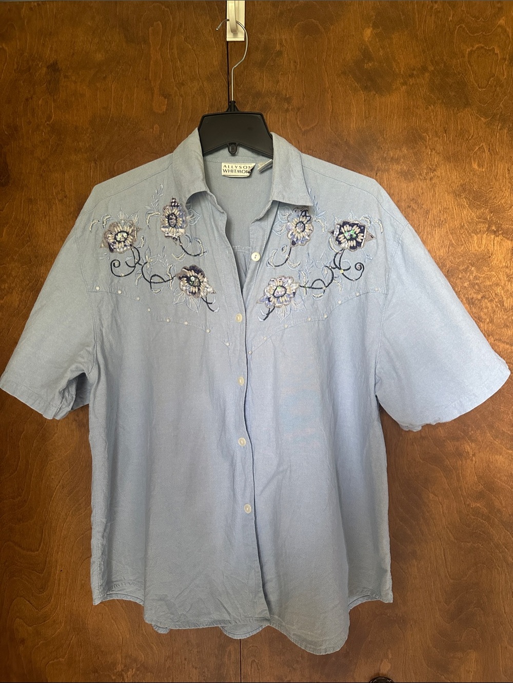 Allyson Whitmore Light Blue Short Sleeve Button-Down w/ Embroidery Sequins Beads